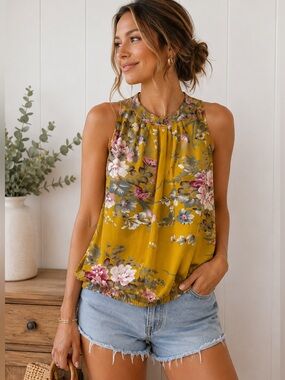 Mustard Floral Sleeveless Blouse Cottagecore Boho Top Medium 6